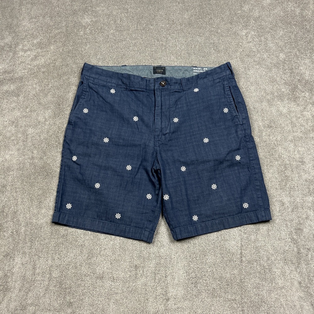 J Crew Shorts Mens 34 x 9 Blue Indigo Dye Chino Nautical Ship Wheel Casual